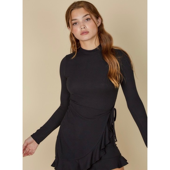 Fall Black Ribbed Knit Ruffle Dress Wrap Tunic Top Women’s Tops Clothes - Picture 2 of 10